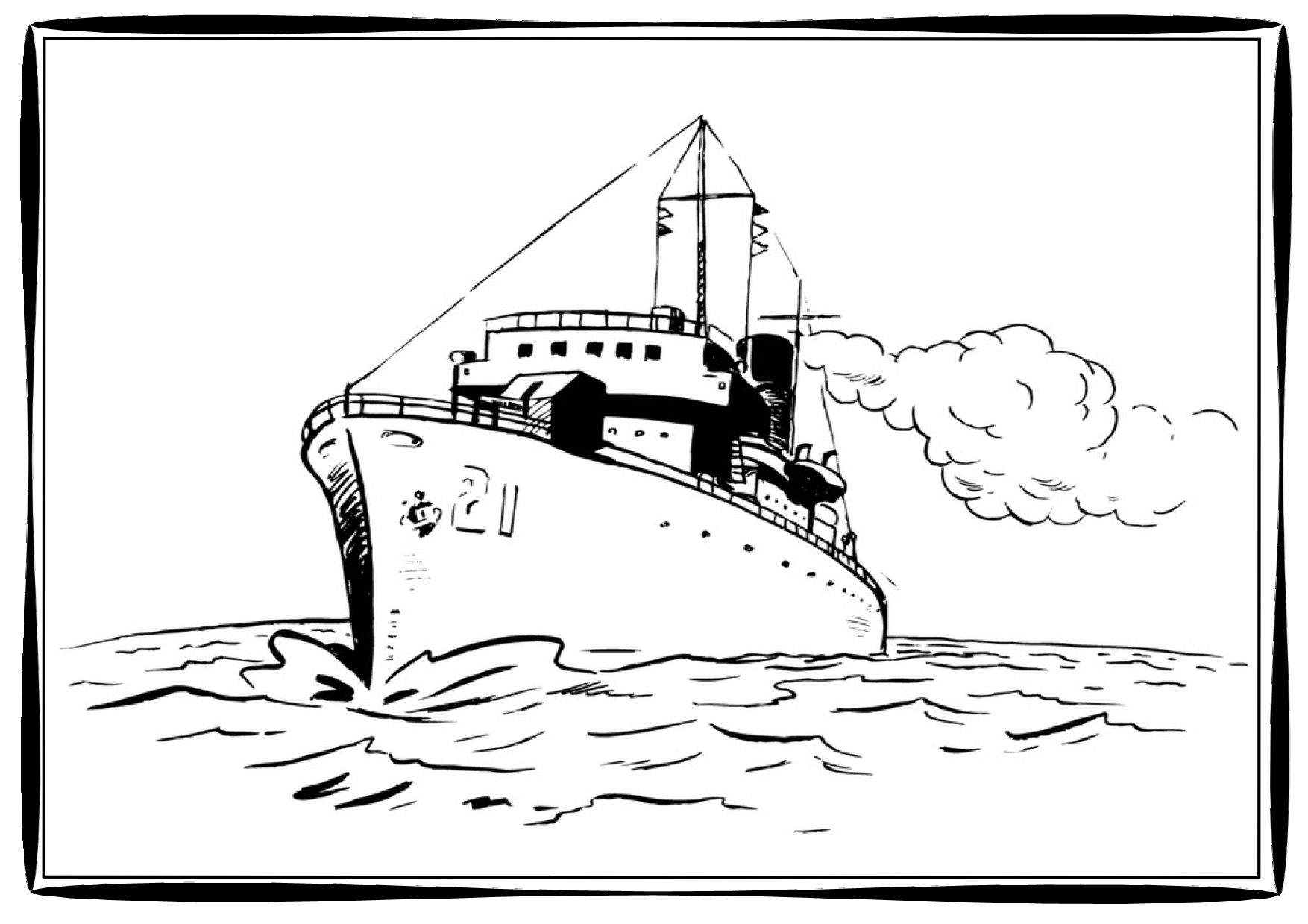 Coloriage d'un bateau naviguant sur une mer calme