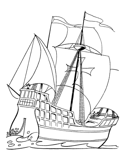 Coloriage d'un navire en mer avec un ciel nuageux