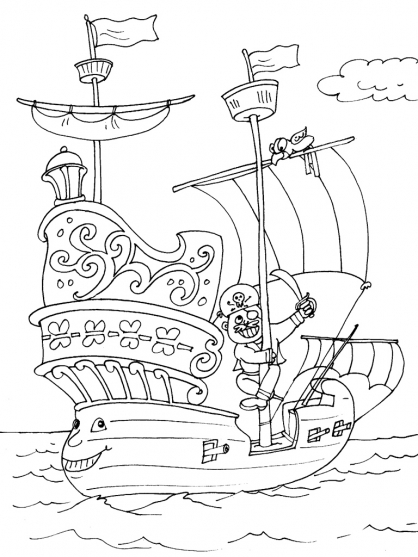 Coloriage d'un bateau pirate voguant sur les flots