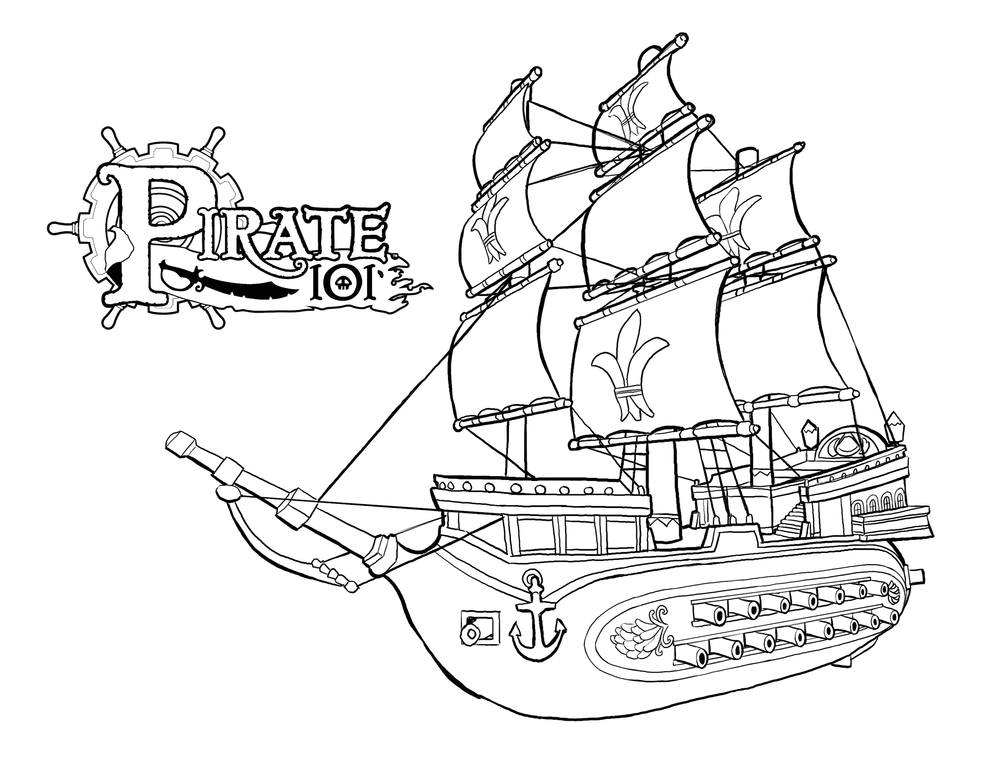 Coloriage d'un bateau pirate naviguant sur une mer calme