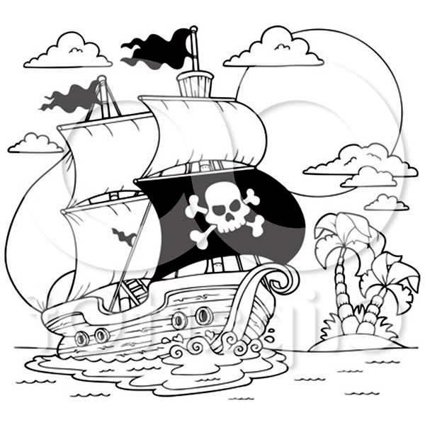 Coloriage d'un bateau pirate voguant sur une mer calme