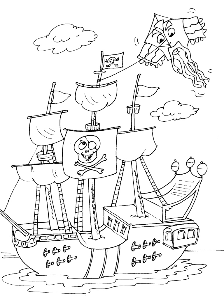 Coloriage d'un bateau pirate naviguant sur les flots