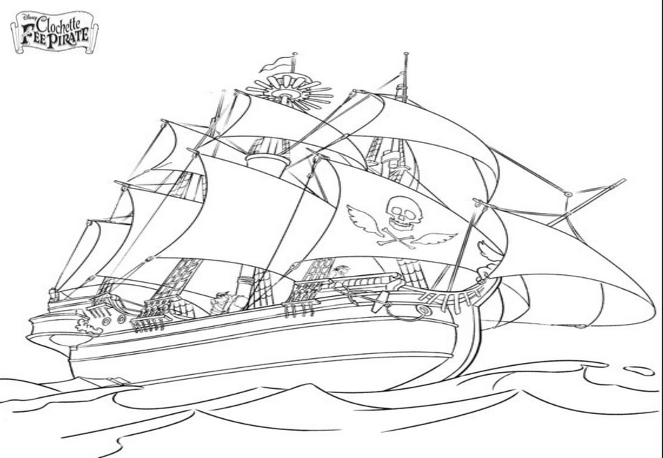 Coloriage d'un bateau pirate naviguant sur une mer calme
