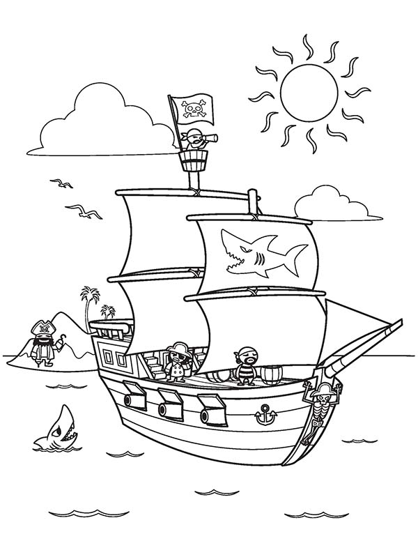 Coloriage d'un bateau pirate voguant sur la mer