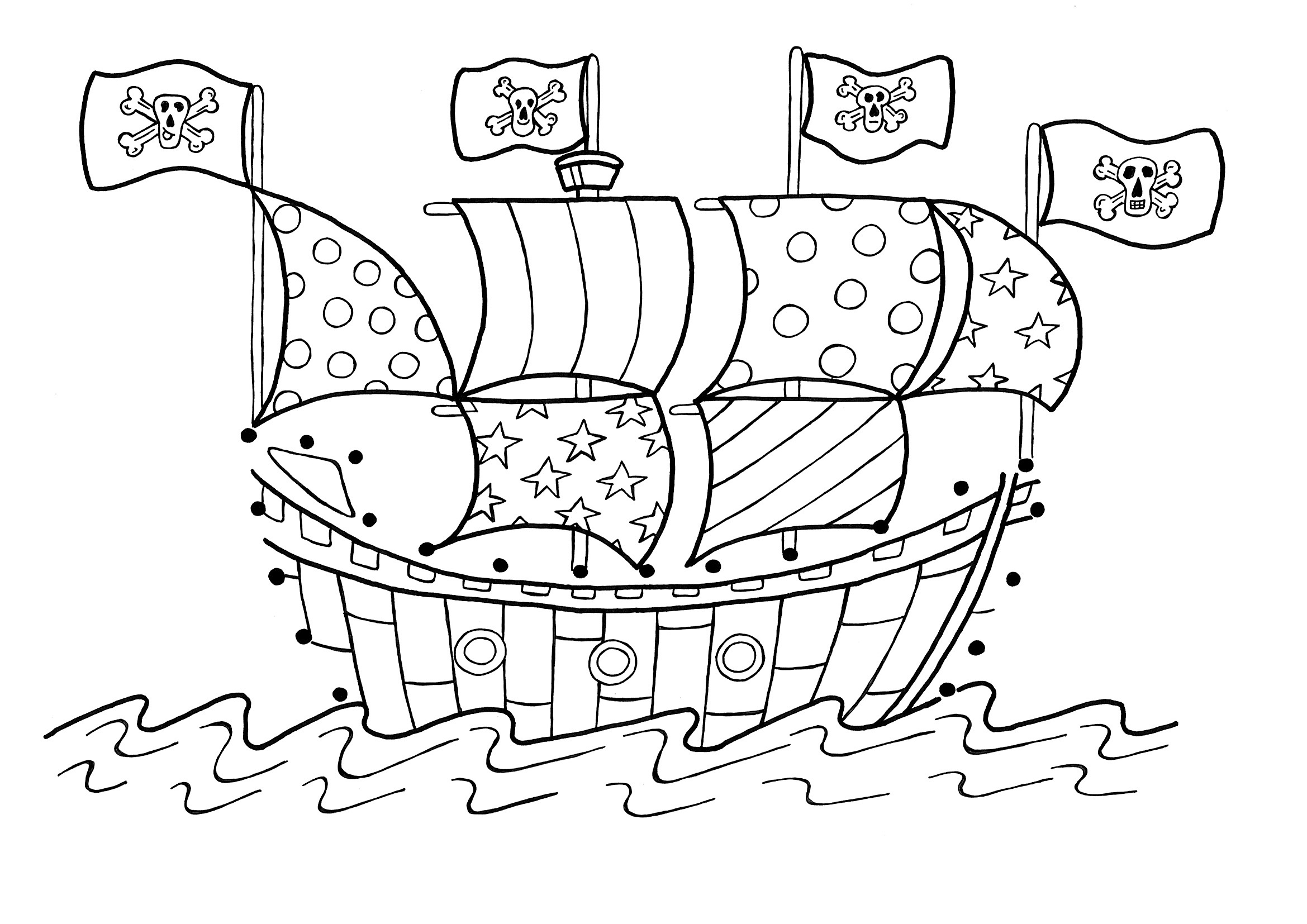 Coloriage d'un bateau pirate voguant sur des vagues tumultueuses