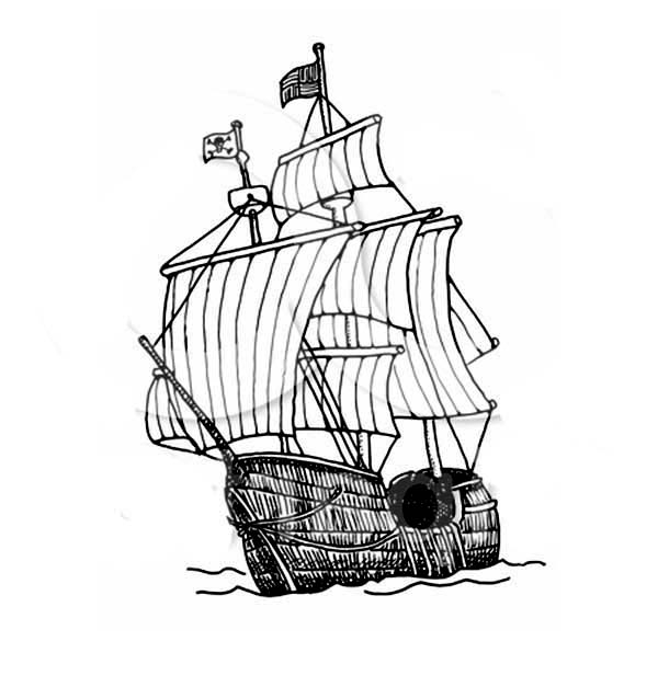 Coloriage d'un bateau pirate voguant sur des eaux tumultueuses
