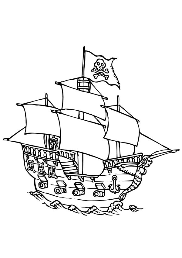 Coloriage d'un bateau pirate voguant sur une mer agitée