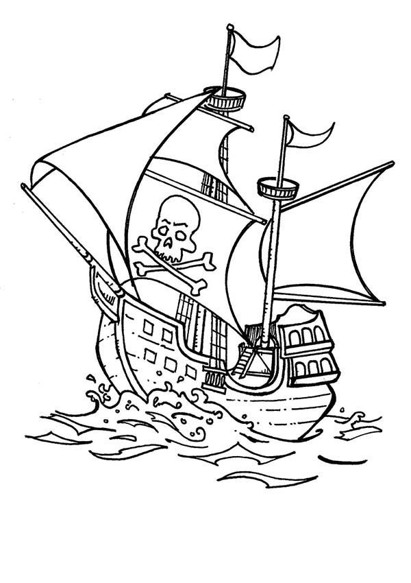 Coloriage d'un bateau pirate naviguant sur des eaux agitées