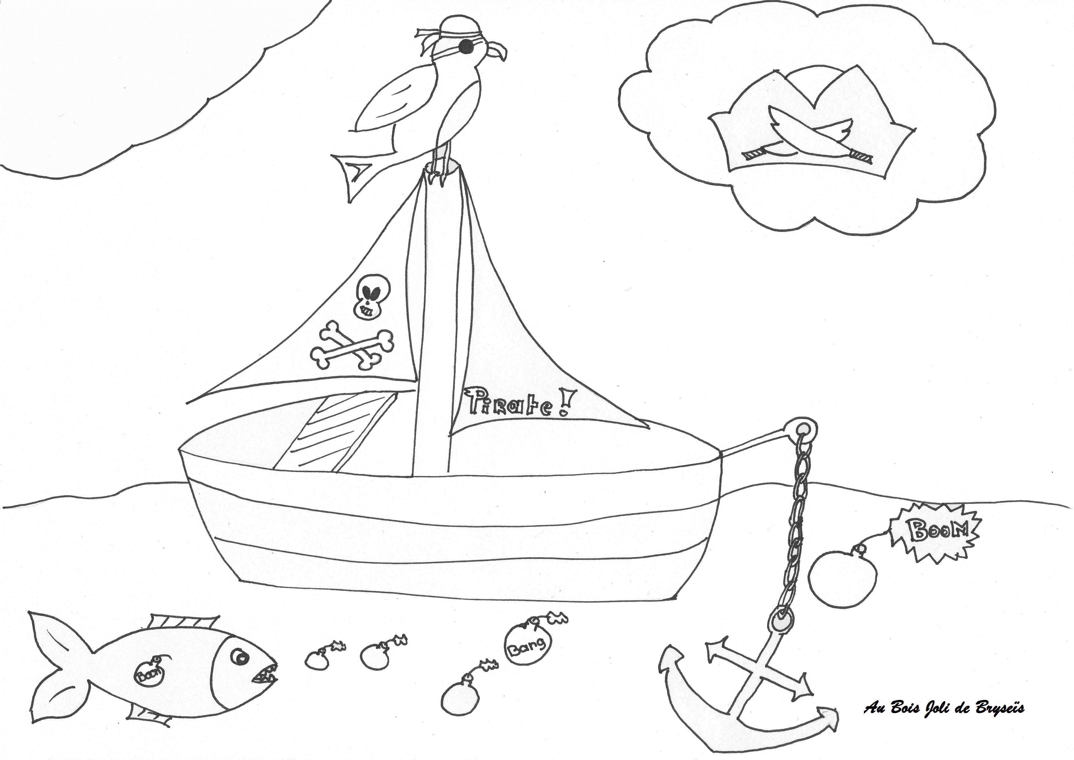Coloriage d'un bateau pirate voguant sur une mer calme