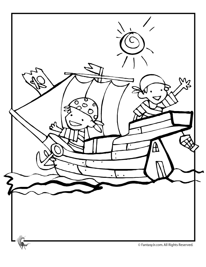 Coloriage d'un bateau pirate voguant sur des eaux tumultueuses