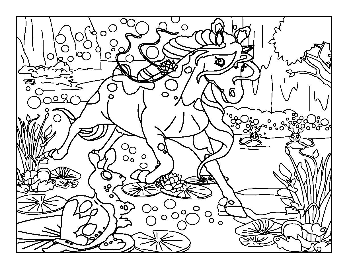 Coloriage de Bella Sara avec une jument et des éléments naturels