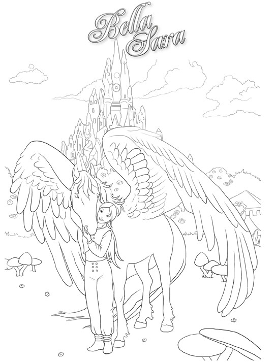 Coloriage de Bella Sara à cheval dans un paysage naturel
