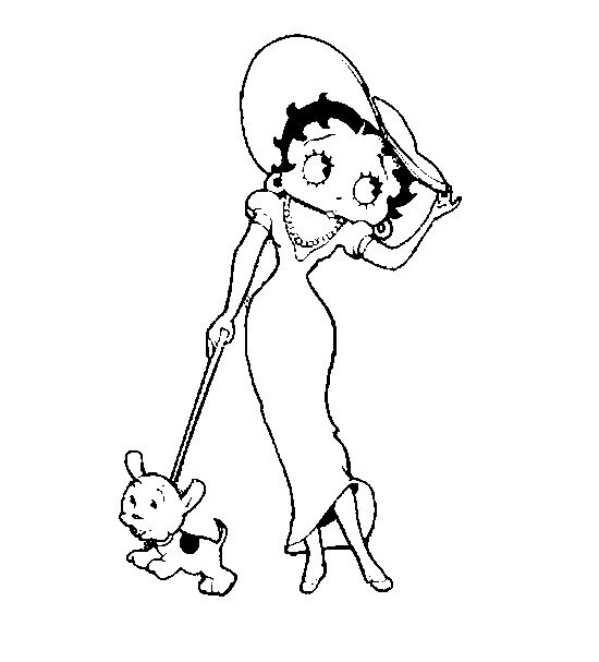 Betty Boop en pleine pose séduisante avec son chien dans un décor stylisé