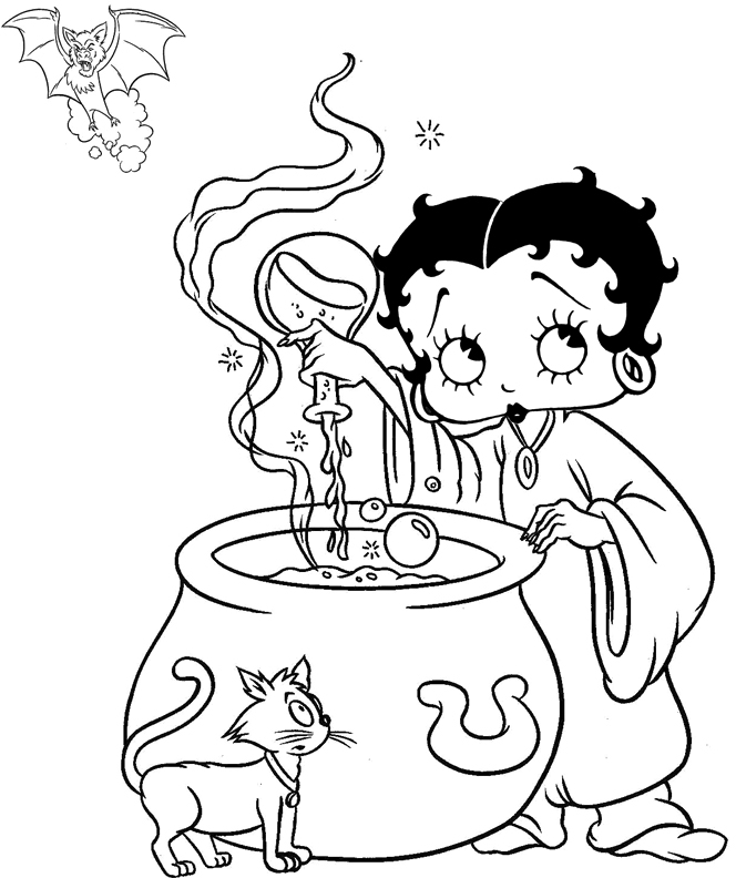 Coloriage de Betty Boop en pleine pose avec un décor stylisé