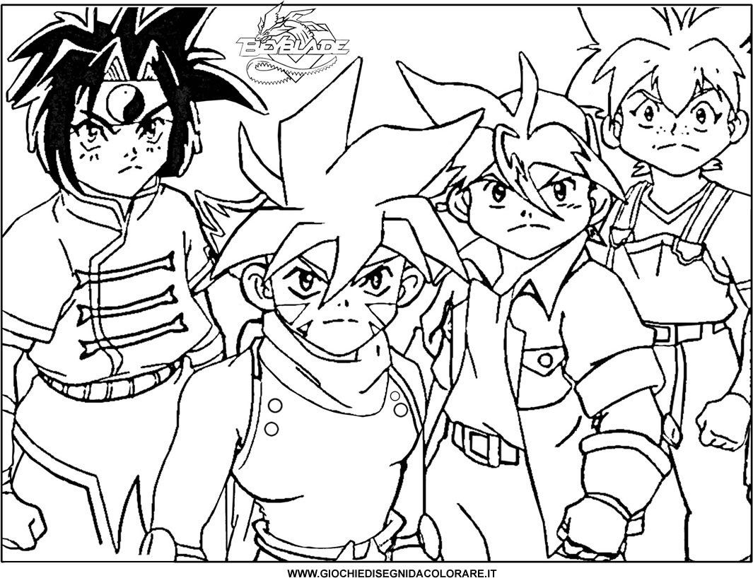 Coloriage de Beyblade avec des personnages en action sur un fond dynamique
