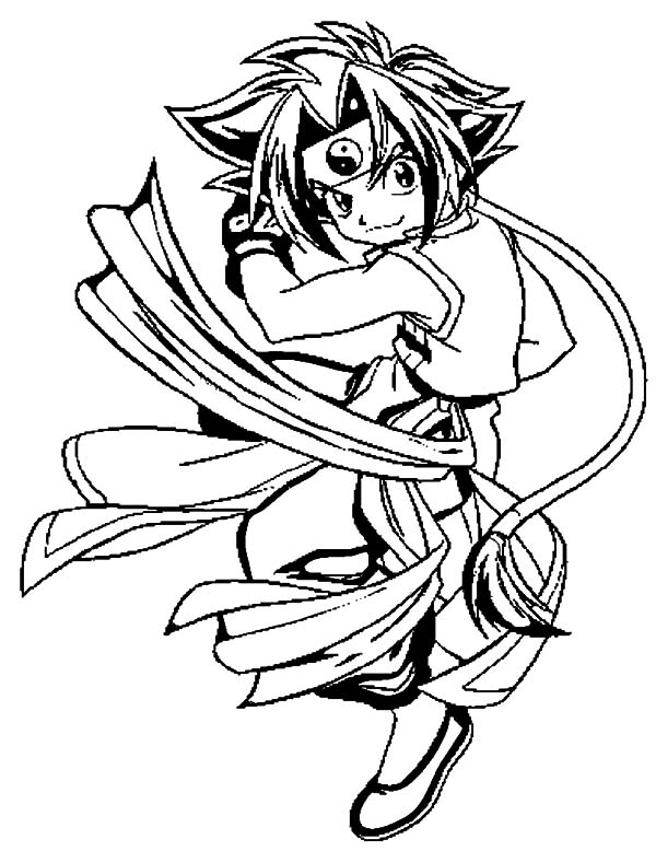 Coloriage de Beyblade avec un personnage en action dans un décor dynamique