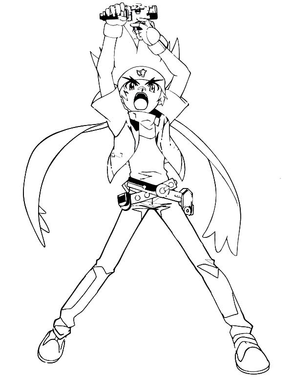 Coloriage de Beyblade avec des personnages en action sur fond dynamique
