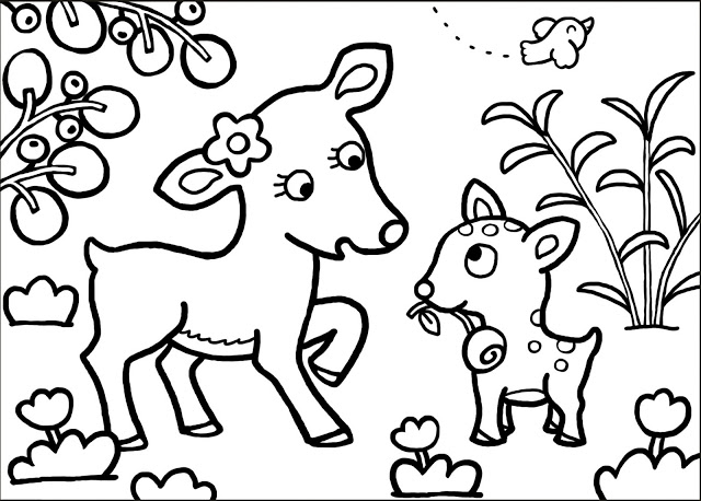 Coloriage d'une biche dans un environnement naturel
