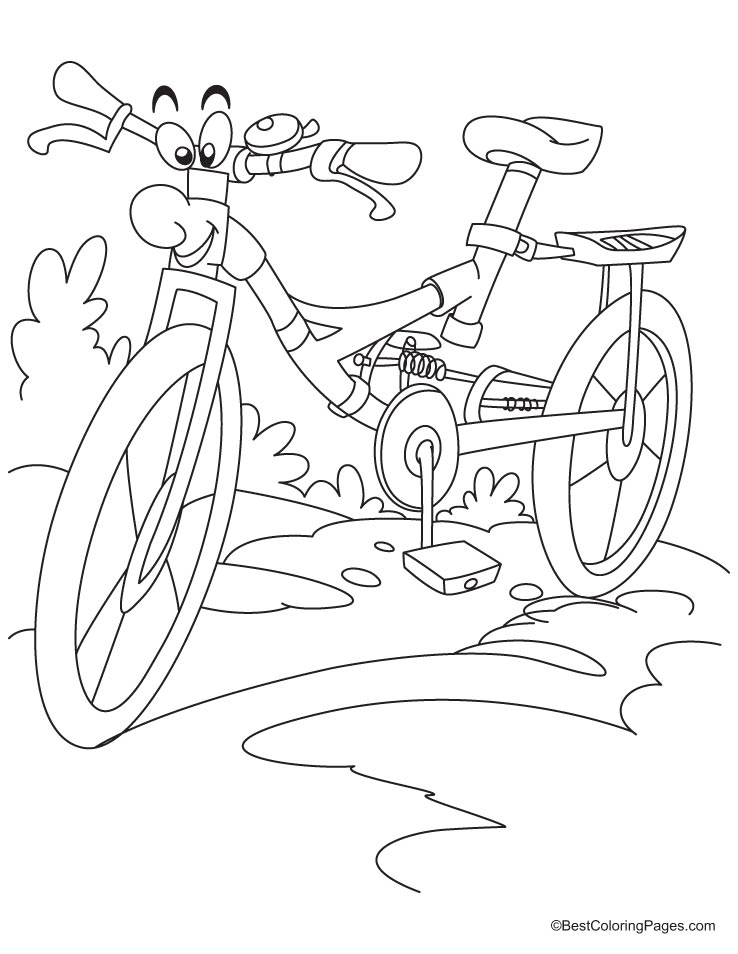 Coloriage d'une bicyclette sur un chemin en pleine nature