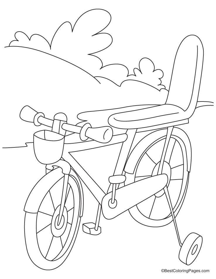 Coloriage d'une bicyclette sur un chemin bordé d'arbres