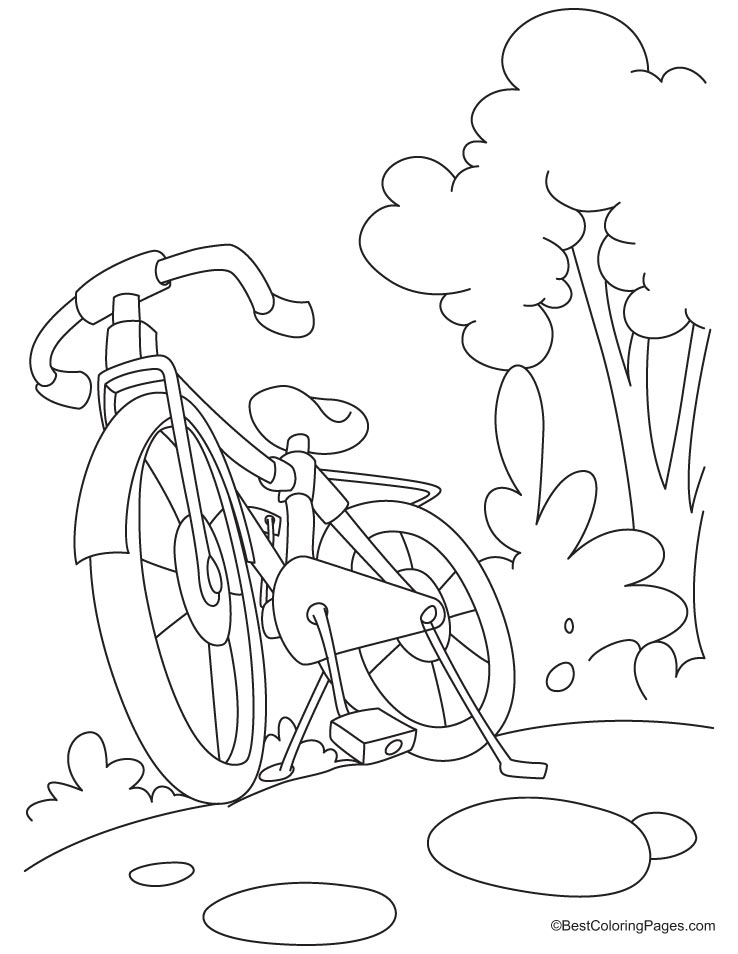 Coloriage d'une bicyclette sur un chemin en pleine nature
