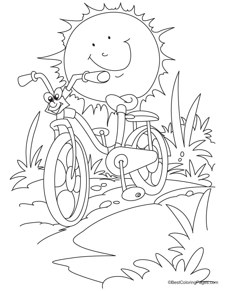 Coloriage d'une bicyclette sur une route avec des éléments de paysage