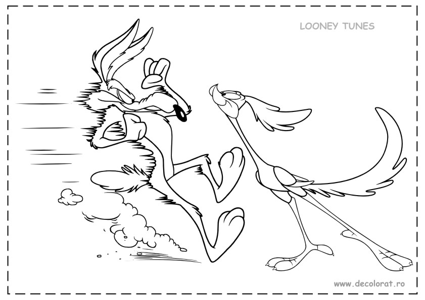 Coloriage de Bip Bip et Coyote en pleine course dans le désert
