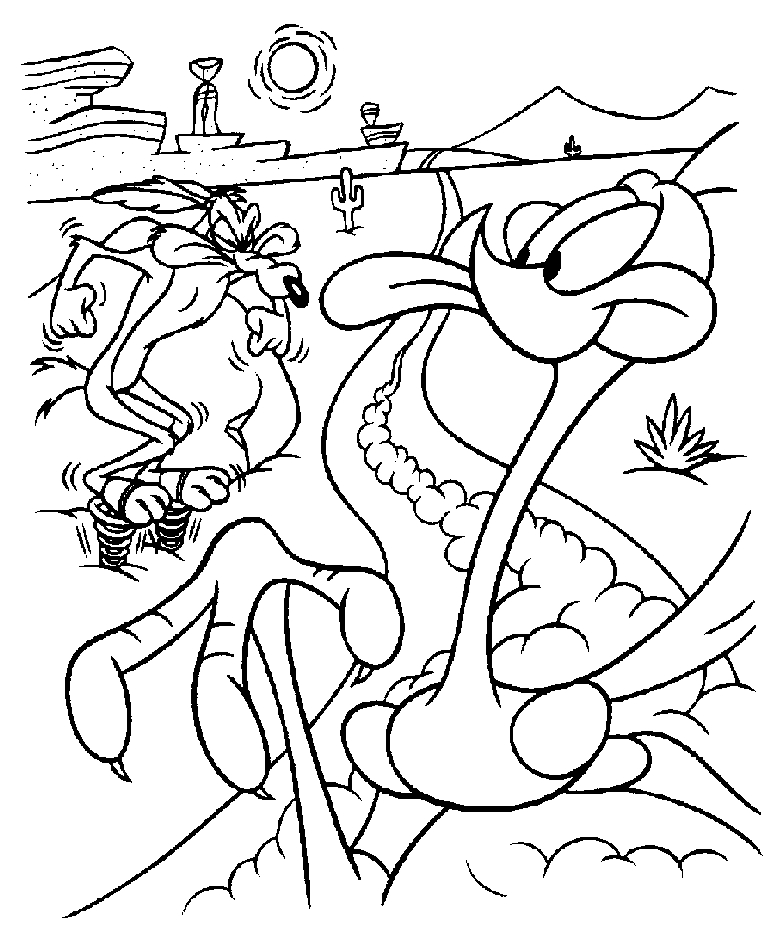 Coloriage de Bip Bip et Coyote dans un paysage désertique