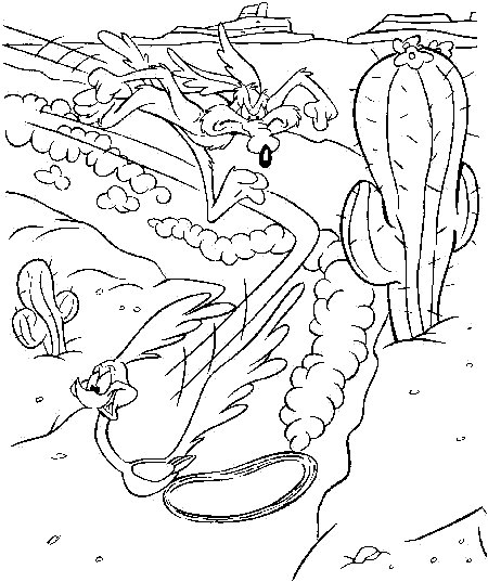 Coloriage de Bip Bip et Coyote dans un décor désertique