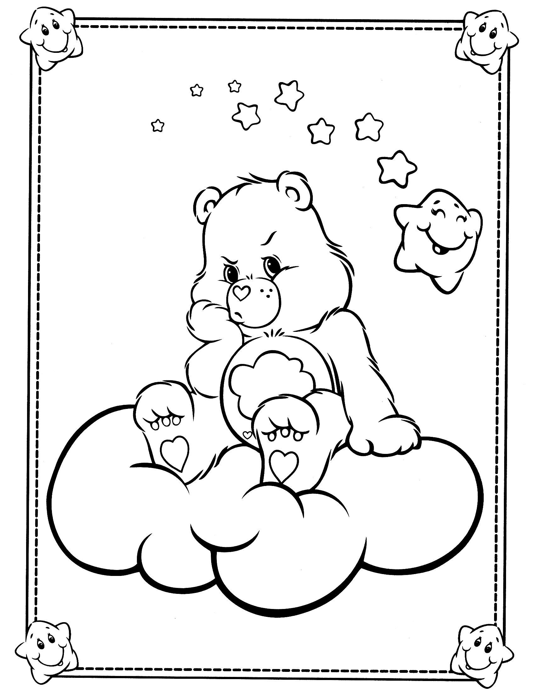 Un bisounours calinours assis sur un nuage, entouré de coeurs