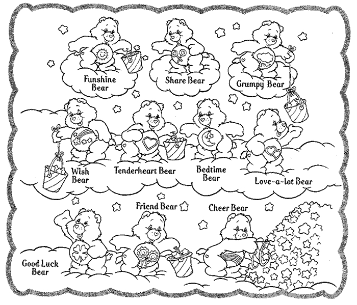 Un bisounours câlinours entouré de nuages et de fleurs