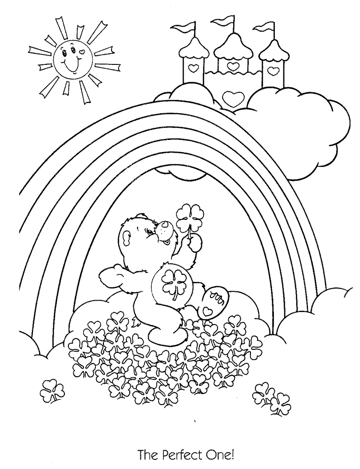 Un bisounours calinours entouré de fleurs et de nuages