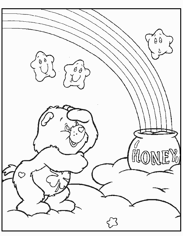 Un bisounours câlinours entouré de nuages et d'arc-en-ciel