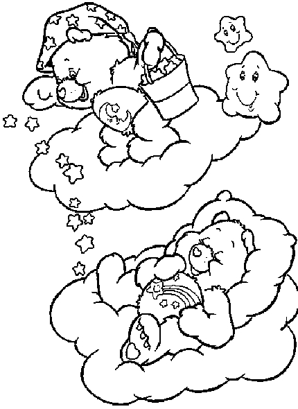 Coloriage d'un bisounours calinours se reposant sur un nuage