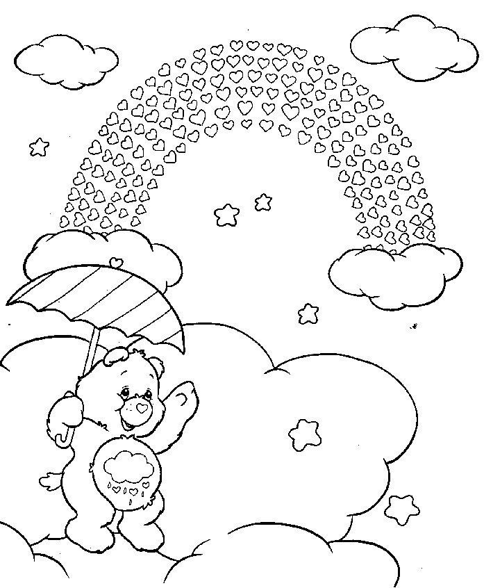 Un bisounours câlinours entouré de nuages et d'étoiles