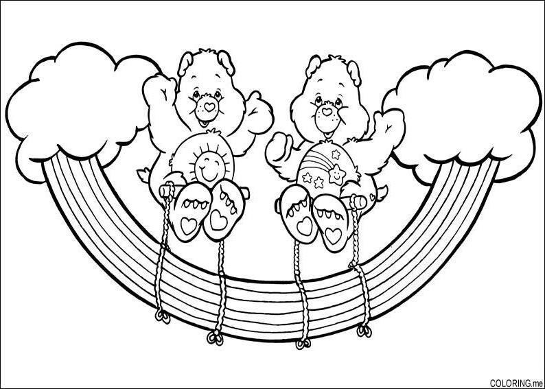 Calinours des Bisounours en train de faire un câlin dans un décor joyeux