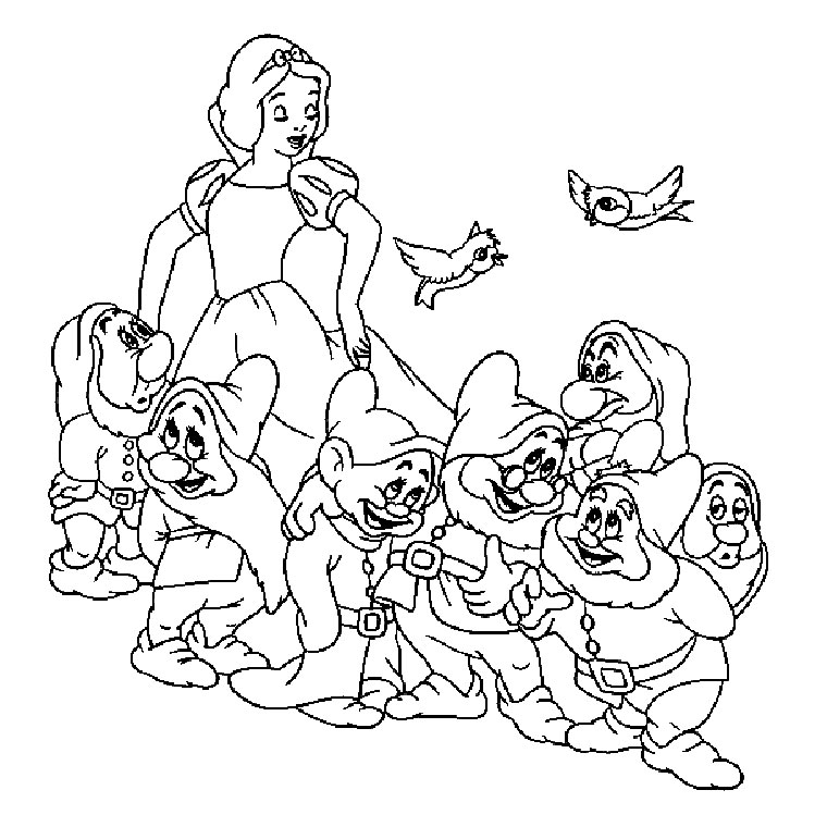 Blanche-Neige et les Sept Nains en pleine activité dans la forêt