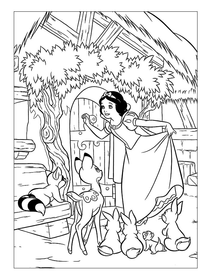 Blanche-Neige et les Sept Nains au milieu de la forêt