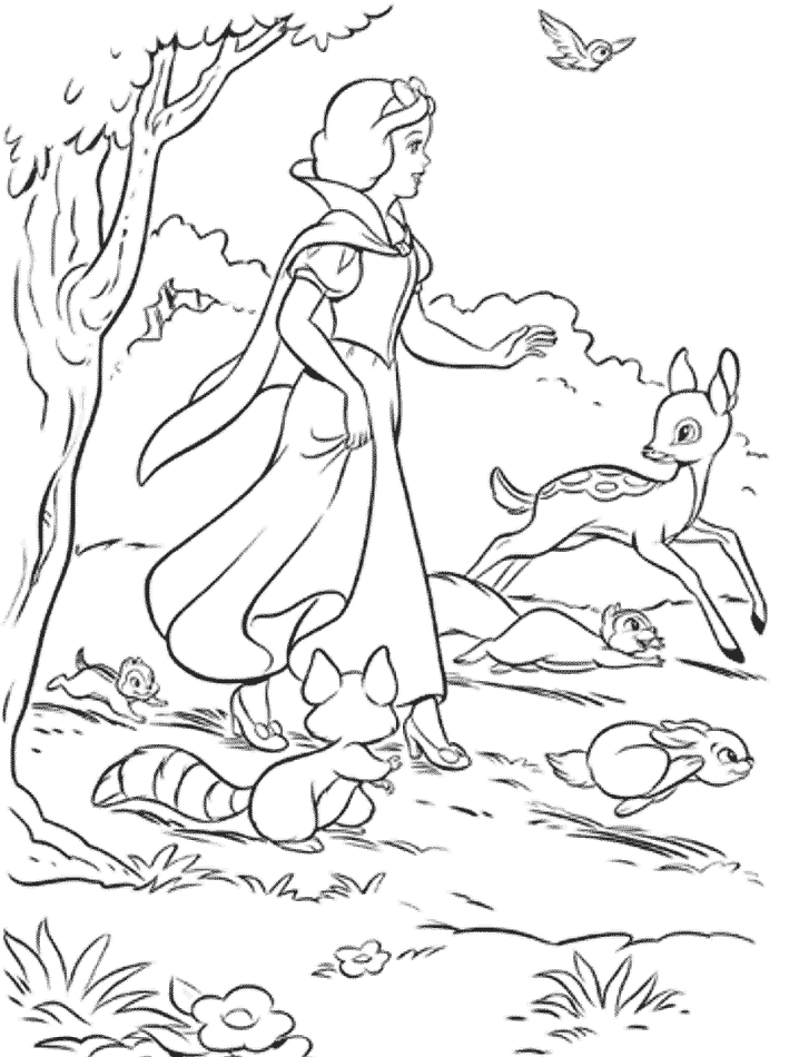 Coloriage de Blanche-Neige et des Sept Nains dans la forêt