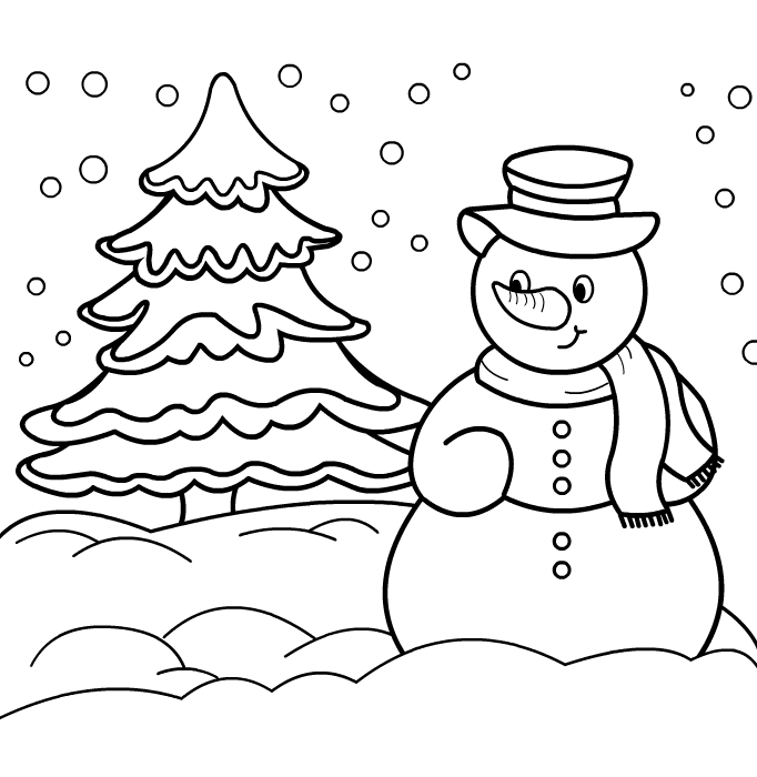 Bonhomme de neige souriant au milieu d'un décor hivernal
