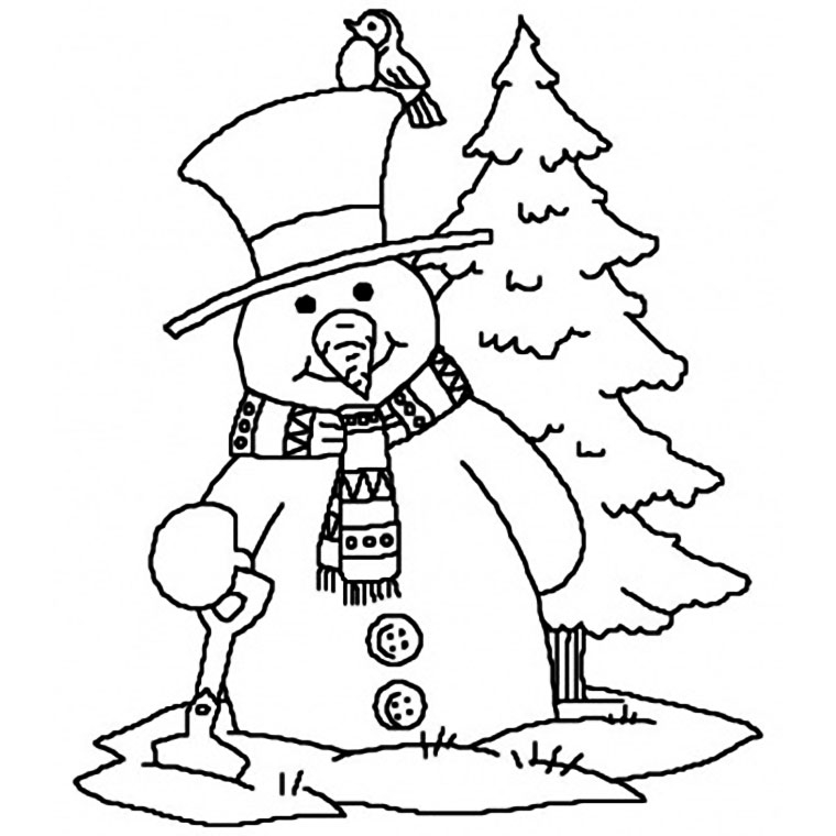 Un bonhomme de neige souriant entouré d’un paysage hivernal
