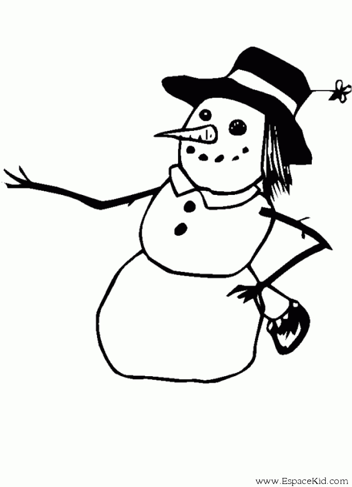 Bonhomme de neige joyeux entouré de flocons et d'un paysage hivernal