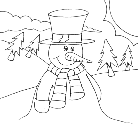 Un bonhomme de neige souriant entouré d’un décor hivernal