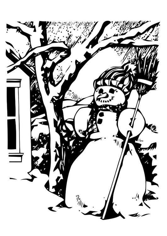 Bonhomme de neige joyeux entouré d'un paysage hivernal