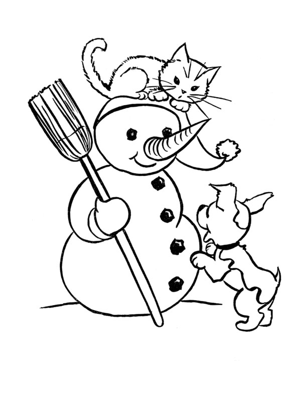 Un bonhomme de neige souriant entouré de flocons de neige