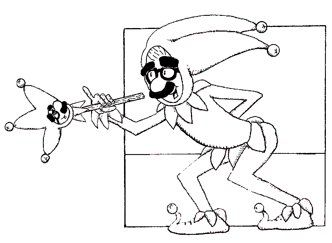 Coloriage d'un bouffon joyeux avec un chapeau coloré dans un décor festif
