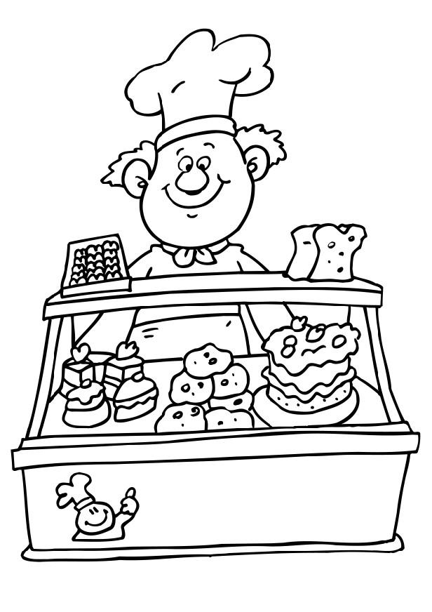 Boulanger en action derrière son comptoir avec des pains et pâtisseries