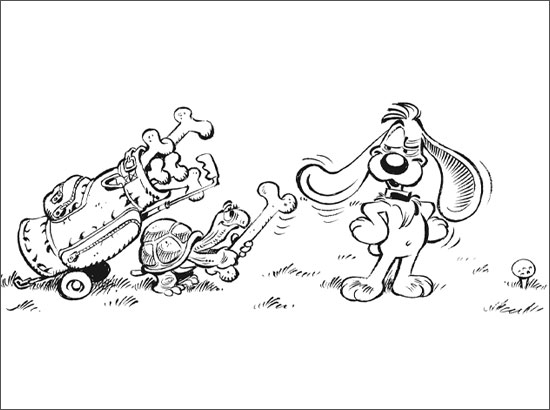 Boule et Bill jouant dans le jardin avec un frisbee