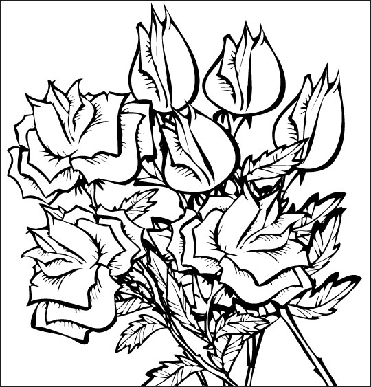 Coloriage d'un bouquet de fleurs avec divers types de fleurs et feuilles