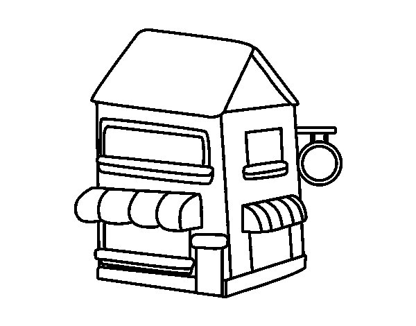 Coloriage d'une boutique animée avec des articles colorés